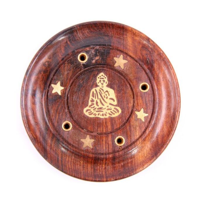 Puckator Sheesham Wood Round Ashcatcher Incence Burner with Buddha Inlay